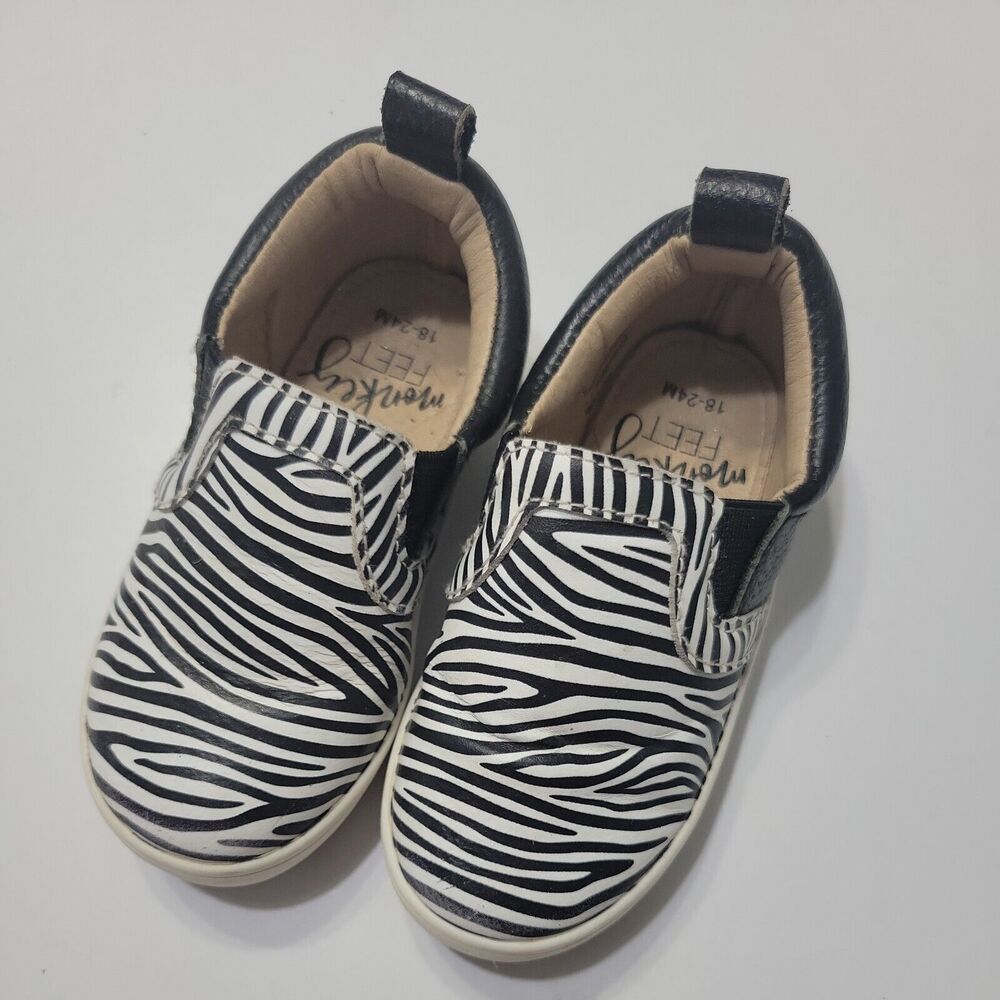 Monkey Feet Slip On Girls 18-24 Month Shoes‎ Black Zebra Print Leather Sneakers